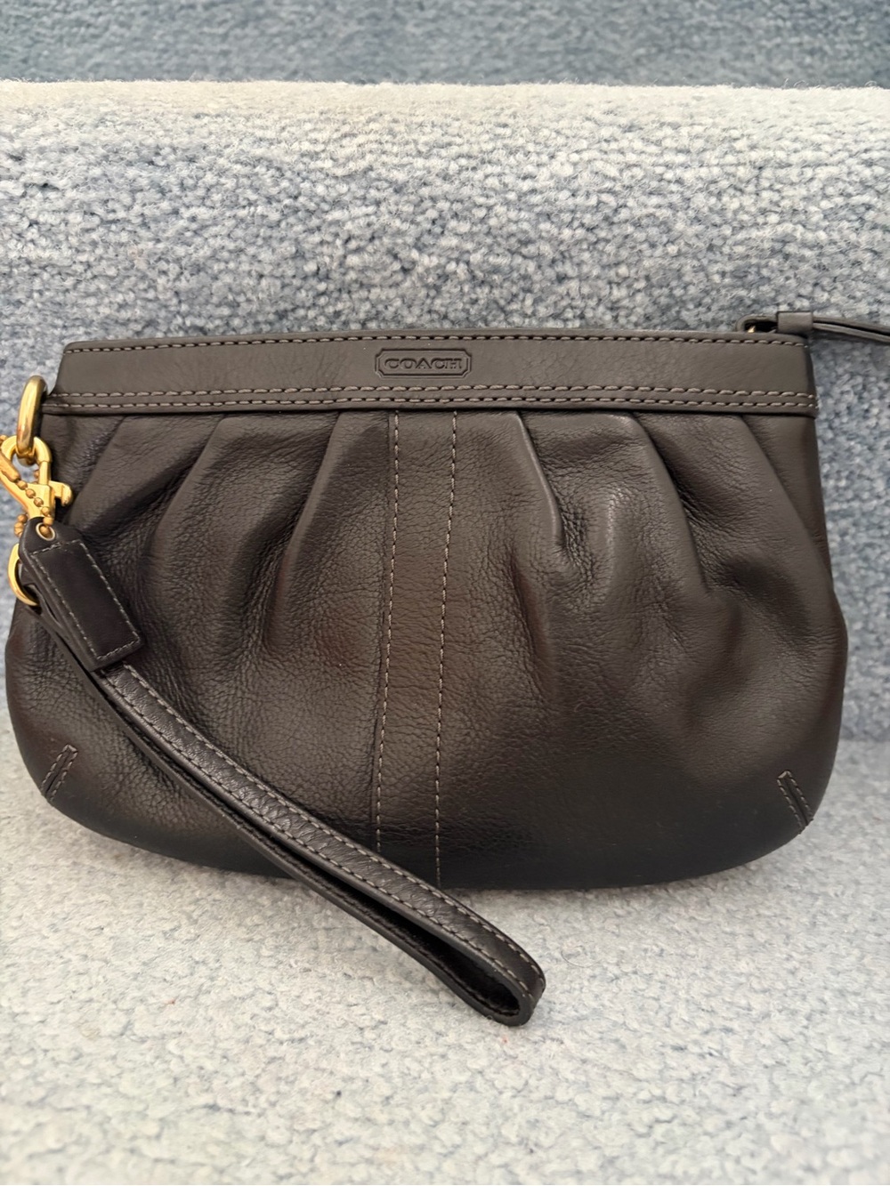 Coach Black Leather Pleated Wristlet with Gold Hardware